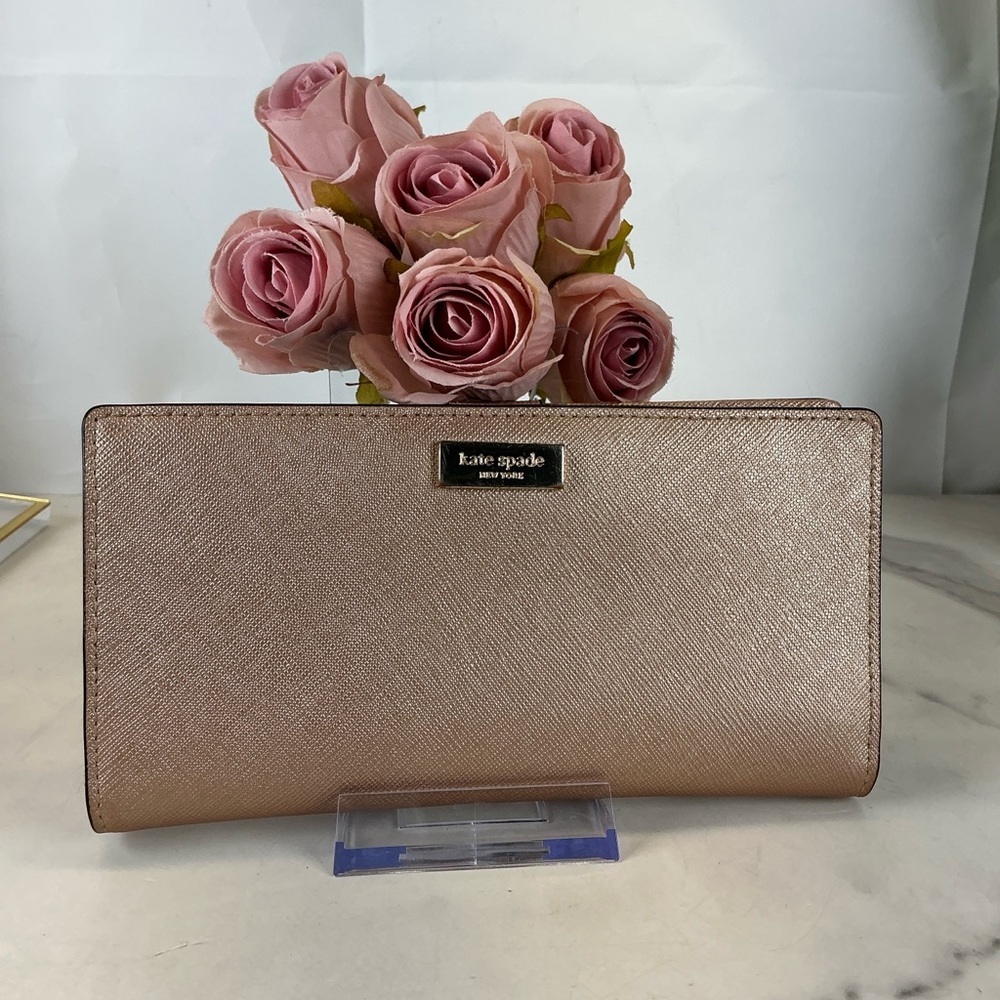 Kate Spade Morgan Saffiano Leather Large Slim Bifold Wallet Rose Gold Metallic